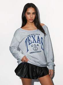 SHEIN Unity 1 件女士休闲百搭简约舒适露肩露肩字母印花长袖运动衫，秋冬 - 杏色 - 查看 5