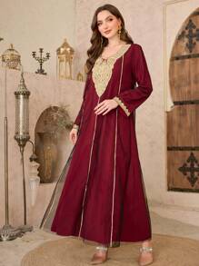 Al Najma 女士春夏网眼撞色金色蕾丝领开衫和阿拉伯传统长裙 - 紅色 - 查看 3