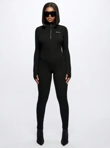 SUMWON WOMEN Long Sleeve Rib Full Length Unitard - Black - View 1