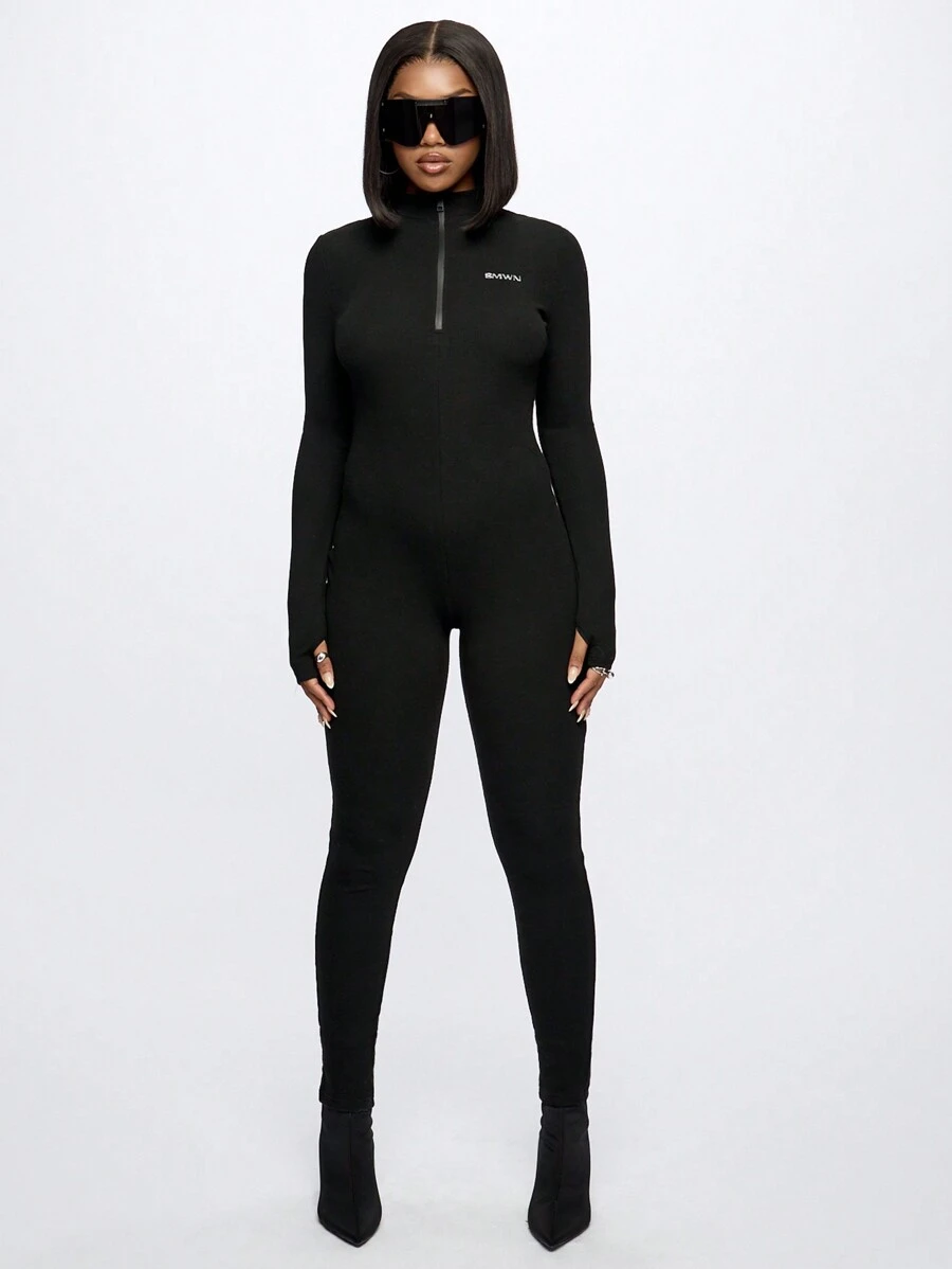 SUMWON WOMEN Long Sleeve Rib Full Length Unitard - Black - View 1