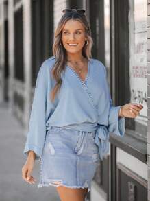 SHEIN LUNE 女士灰色领口扭纹前短款衬衫 - 灰色 - 查看 5