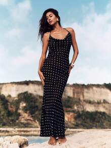 Opulessa Woven Classic Polka Dot Pattern Draped Neck Backless Dress With Fishtail Hem For Women,Polka Dot Dress - Black - View 3