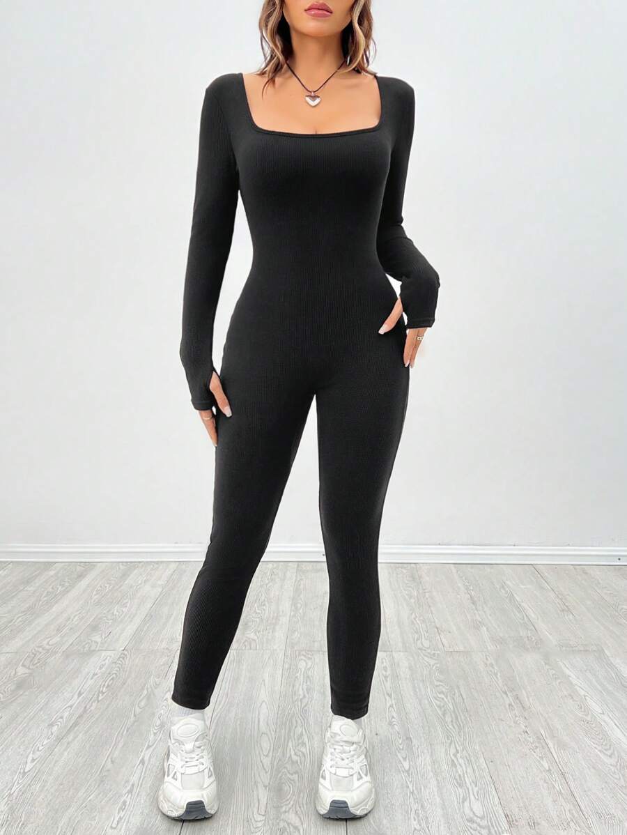 SHEIN PETITE 1pc Black Tight Fit Turtleneck Wool Blend Jumpsuit, Casual Sportswear, Autumn - Black - View 1