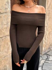 SHEIN VCAY Women's Vacation Plain Off-Shoulder Form-Fitting Long Sleeve Sweater - Brown - View 5