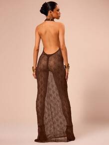 MUSERA Sheer Halter Neck Maxi Dress Beach Summer Vacation Long Dress - Coffee Brown - View 2