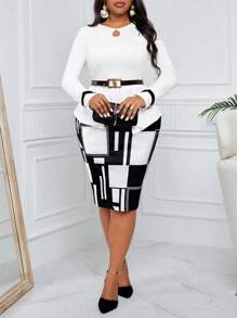 SHEIN Lady 大码女士优雅休闲抽象印花两件套连衣裙套装，适合通勤或休闲 - 黑與白 - 查看 3