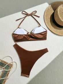 SHEIN Swim 比基尼套装 - 修身吊带性感上衣和高腰下装两件套比基尼套装夏季 - 咖啡棕 - 查看 5