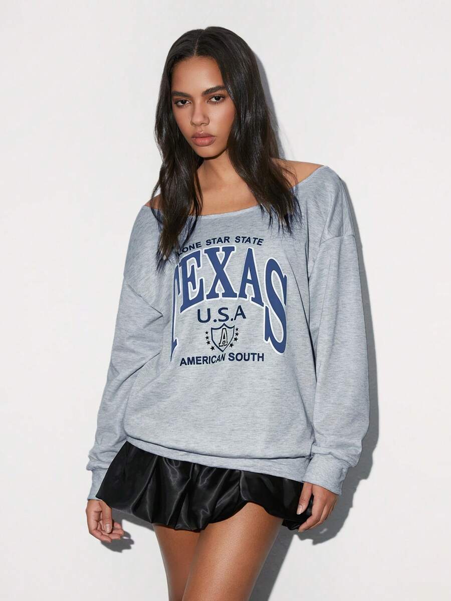 SHEIN Unity 1 件女士休闲百搭简约舒适露肩露肩字母印花长袖运动衫,秋冬 - 杏色 - 查看 1