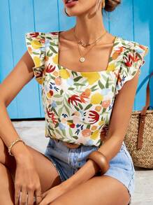 SHEIN VCAY Woven Print Square Neck Cap Sleeve Fitted Oversized Women's Shirt, Summer Clothes, Vacation Outfits Woman, Beach Outfits For Woman, Festival, Romantic And Elegant Clothing, Bohemian, BOHO, Sweet, Rave Outfits Festival, Tropical Vacation Woman Clothes, Carnaval