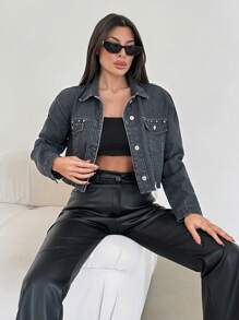 EURMUSE Casual Autumn Washed Distressed Frayed Hem Cropped Denim Jacket - Grey - View 1