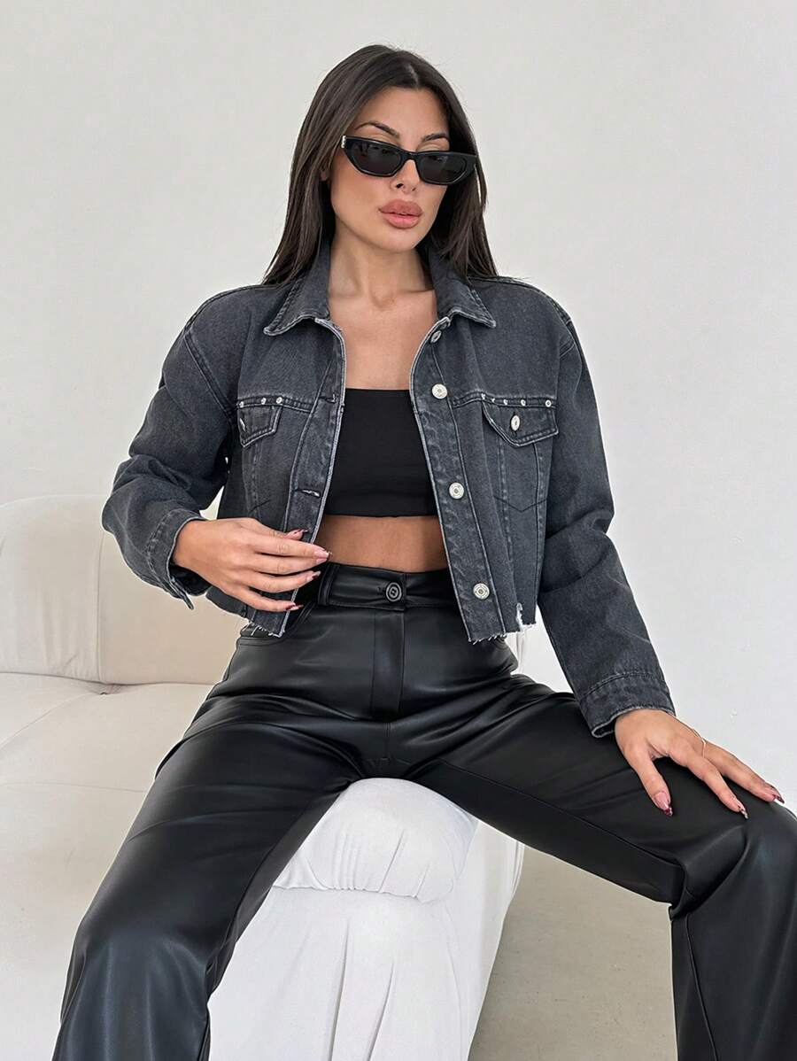 EURMUSE Casual Autumn Washed Distressed Frayed Hem Cropped Denim Jacket - Grey - View 1