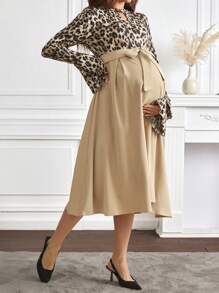 SHEIN Maternity Contrast Leopard Round Neck Long Sleeve Tie Front Casual Dress - Multicolor - View 3