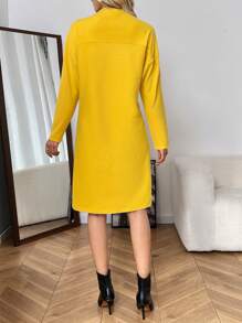 SHEIN LUNE Women's Solid Color Stand Collar Dropped Shoulder Long Sleeve Loose Fit Slimming Straight Casual Dress, Autumn - Yellow - View 2