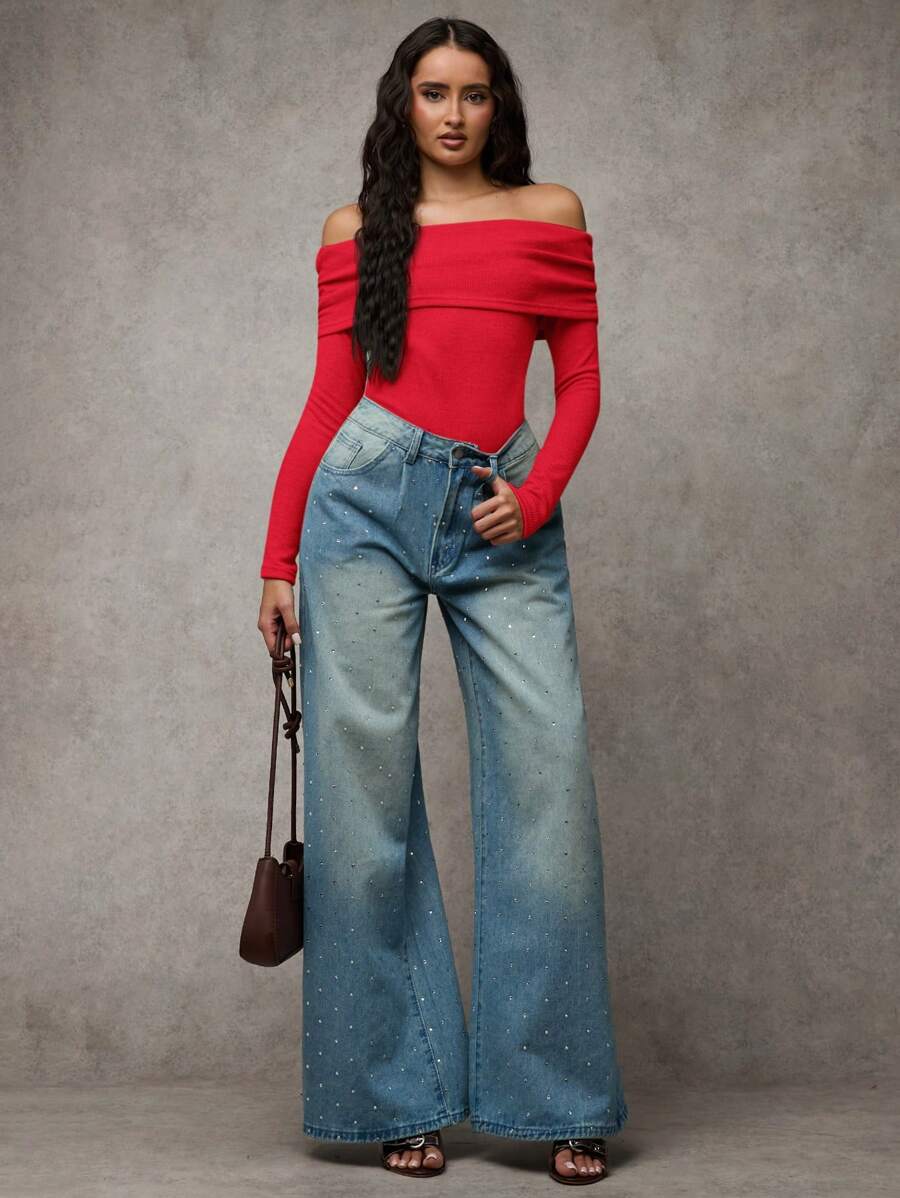 SHEIN BAE Faux Cashmere Elegant Shoulder Off Shoulder Long Sleeve Slim-Fit Thermal Bodysuit, Casual For Everyday Wear,Fall Women Outfits,Winter Women Tops - Red - View 1