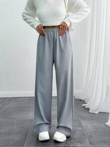 EURMUSE 女款纯色开衩细缝长裤 - 灰色 - 查看 5