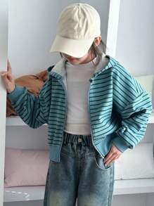 DAZY 女童休闲条纹连帽运动衫，秋季 - 藍色 - 查看 7