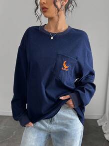 INAWLY Women's Long Sleeve Pocket Letter Embroidery Casual Sweatshirt Pullover Fall - Navy Blue - View 5
