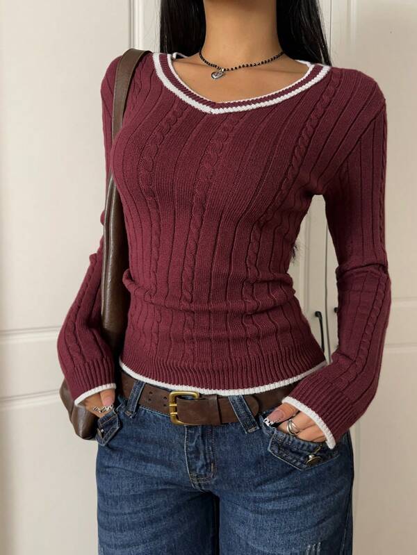 SHEIN EZwear Women Casual Wine Red Contrast Trim V-Neck Long Sleeve Simple Sweater, Casual Everyday Wear, Autumn/Winter