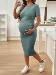 SHEIN Short Sleeve Round Neck Solid Color Slim Fit Maternity Dress World Cup - Green - View 3