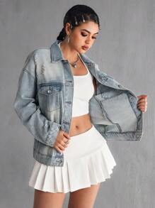 SHEIN EZwear Women's Casual Washed Distressed Denim Jacket - Medium Wash - View 7