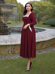 Vintamour Vintage Women's Contrast Color Block Square Neck Long Sleeve Dress, Simple & Minimalist Christmas Valentine's Day Dresses For Women Elegant Valentine's Day Valentines Clothes Business Casual Woman Church Clothes Women Red Dresses Classy Elegant