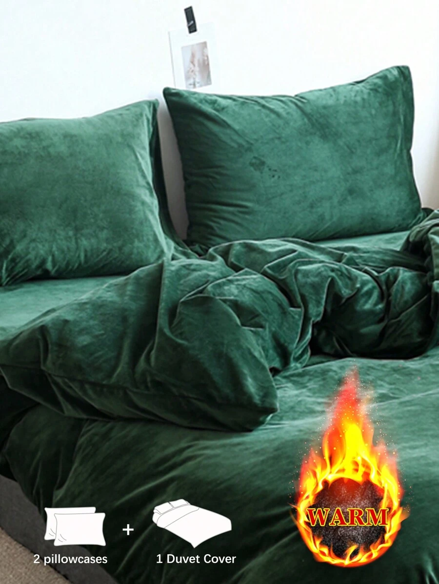 3pcs Dark Green, Velvet Crystal Velvet, Autumn And Winter, Warm, Flannel, Double-Sided Solid Color, Dormitory Bedding Set, Ladies, Including 1 Down Quilt Cover And 2 Pillowcases, Super Soft, Machine Washable, No Filler,Twin Full Queen King - Dark Green - View 1