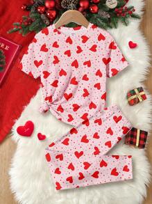 SHEIN Leap Crew 2pcs/Set Tween Girls Casual Heart Pattern T-Shirt And Snug Fit Leggings Pajama Set, Suitable For Valentine's Day - Multicolor - View 3
