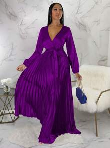 Women's Solid Color Long Sleeve Pleated Waisted Party Dress - Purple - View 6