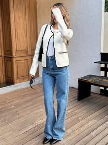 SHEIN LUNE Autumn And Winter New Ivory Contrast Airport Office Ladies Basic Lightweight Cardigan Winter - Beige - View 6