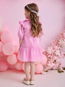 Glamorique Kids Valentine's Day Fashion Young Girls Organza Reflective Material Ruffle Collar Short Sleeve Dress, Suitable For Daily Or Special Occasions