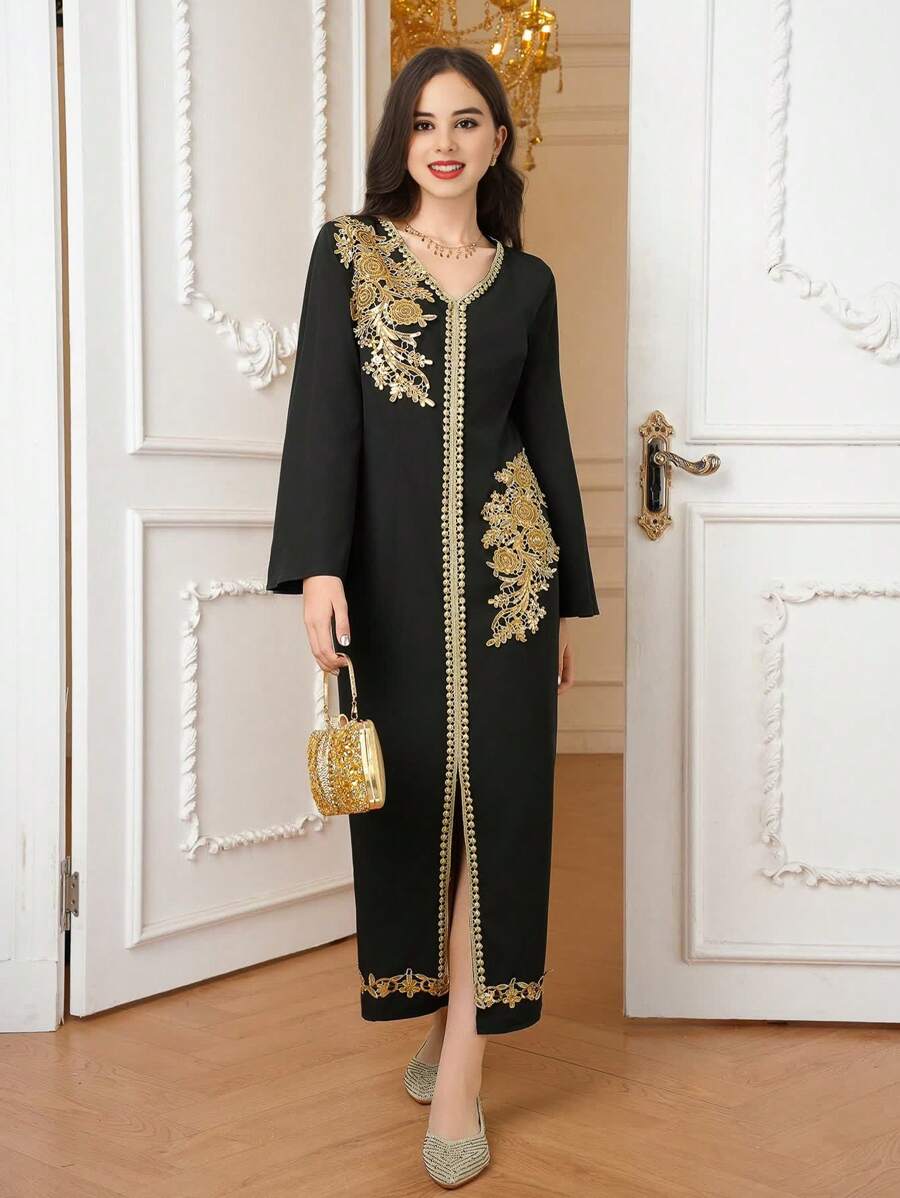 Teen Girl Elegant Party Sequin Flower Embroidery Dress - Black - View 1
