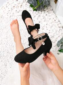 New Girls Round Toe Dress High Heel Shoes, Children Black Bow Decor Princess Shoes, Kids Thick Heel Flats