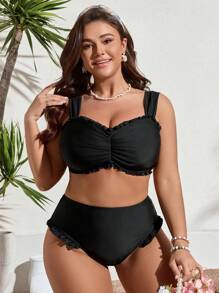 SHEIN Swim Curve Plus Size Cute Black Frill Trim Swimwear Set Summer - Black - View 6
