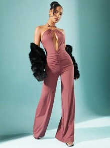 SHEIN Unity Mono de pierna ancha con escote halter y espalda abierta con fruncidos recortados - Rosa Oxidada - Ver 4