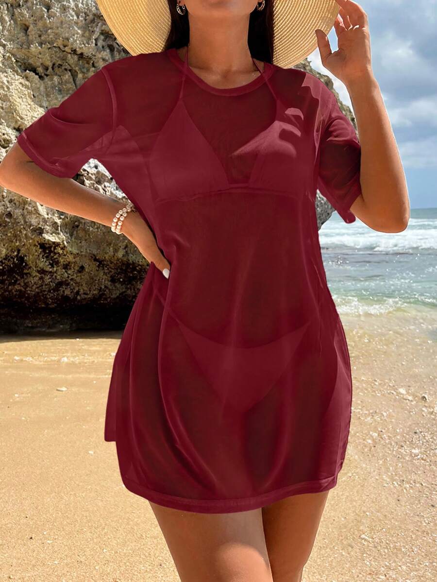 Swim Vcay 1pc Women's Solid Color Pullover Short Sleeve Casual Holiday Beach Cover-Up Summer