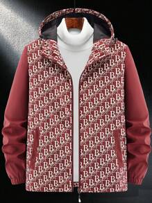 Manfinity Homme Jaket Pria Lengan Panjang Berkerudung dengan Resleting Depan dan Motif Patchwork Warna Polos, Desain Minimalis - Burgundy - View 4