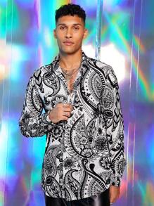 Manfinity VCAY Men's Floral Print Long Sleeve Button Up Casual Woven Shirt, Autumn