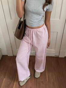CovetEZ 女士粉色和白色条纹休闲家居长裤，适合秋冬季 - 彩色 - 查看 3