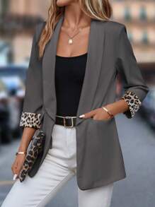 SHEIN Clasi Chaqueta informal de mujer con estampado de leopardo y parches, cuello de solapa - Otoño
