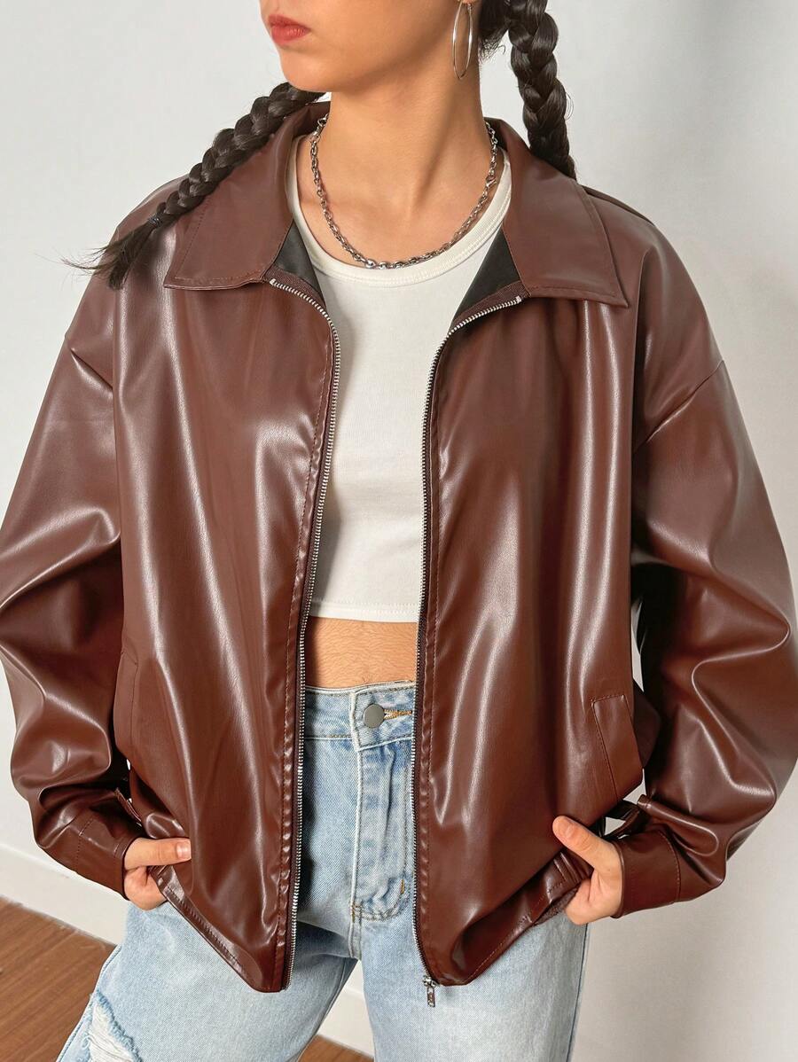 SHEIN Leap Crew Teen Girls Plain PU Collar Loose Casual Pockets Versatile Jacket - Brown - View 1