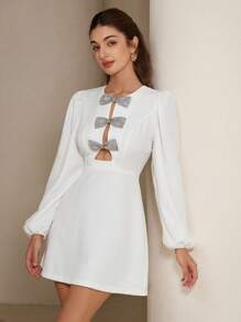 Aveloria Rosie Glamorous Sequin Bowknot Hollow Round Neck Puff Sleeve Short Bodycon Dress Fall Cloth For Women - White - View 5