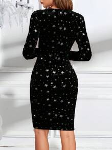 SHEIN Essnce 女式 V 领长袖短裙，带有简约的五角星装饰 - 黑色 - 查看 6