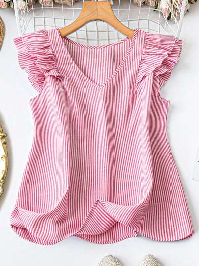 SHEIN LUNE Plus Size Casual Striped Cap Sleeve Blouse Blouse Women Summer Tops Valentine's Day Blous