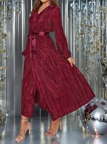 SHEIN Clasi 翻领裹腰收腰中长连衣裙，秋季时尚 - 紅色 - 查看 9