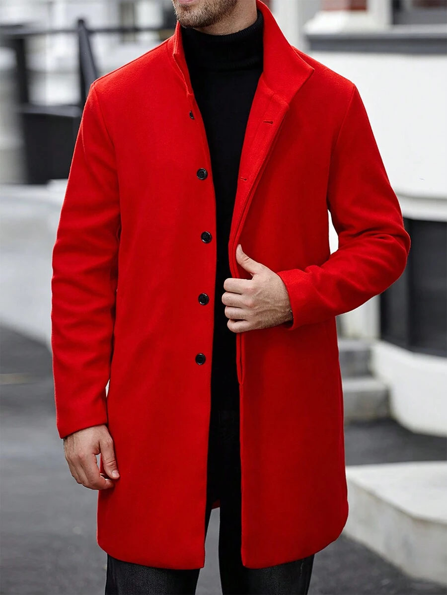 Manfinity CasualCool Men's Long Sleeve Casual Solid Color Stand Collar Overcoat, Autumn Fall Red Going Out Overcoat, For Friends, Husband, Boyfriend Gifts, Men Red Outerwear - Red - View 1