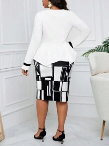 SHEIN Lady 大码女士优雅休闲抽象印花两件套连衣裙套装，适合通勤或休闲 - 黑與白 - 查看 2