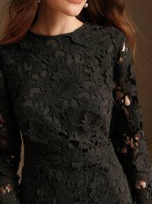 Anewsta White Lace 3D Floral Mermaid Hem Dress - Black - View 2