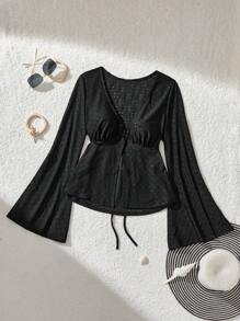 SHEIN MOD V 领喇叭袖前扣提花针织罩衫（黑色） - 黑色 - 查看 1