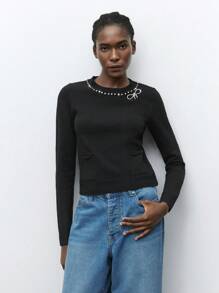Maija Jersey de cuello redondo de manga larga con decoración de lazo de cristal elegante, de moda para fiestas y el Día de San Valentín, primavera dinero antiguo