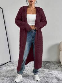SHEIN Unity Fashion Versatile Solid Color Hooded Long Cardigan, Autumn/Winter - Red - View 5